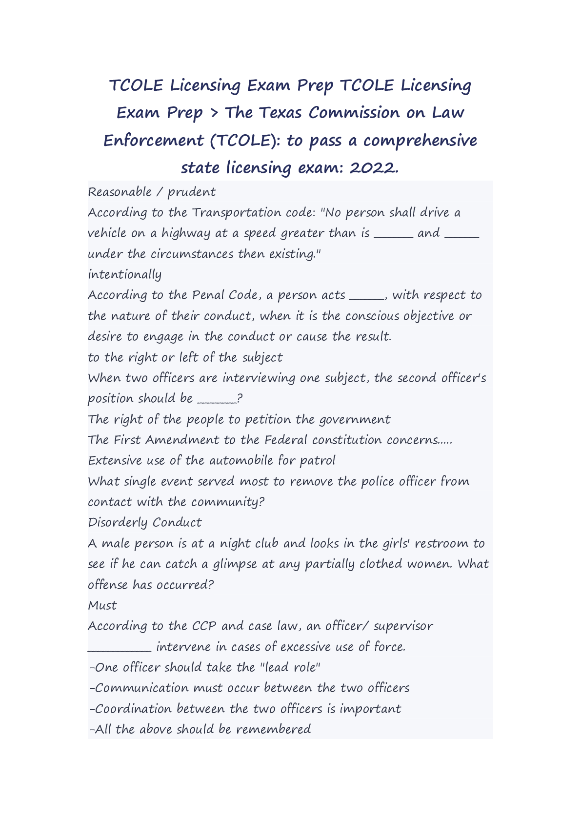 Preview image for TCOLE Licensing Exam Prep TCOLE Licensing Exam Prep > The Texas Commission on Law Enforcement (TCOLE): to pass a comprehensive state licensing exam: 2022.